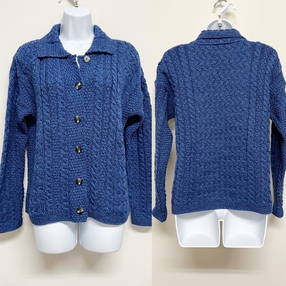 Aran Crafts Ireland Womens Blue 100% Merino Wool Chunky Knit Cardigan Size S - Picture 1 of 8